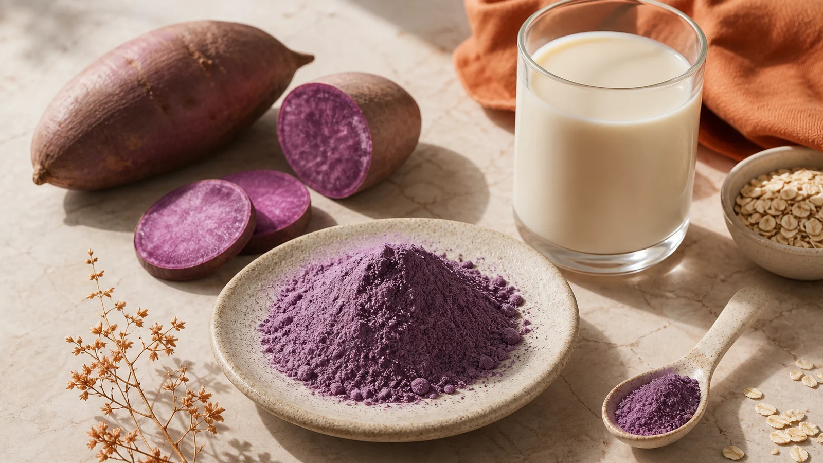 Ube latte violeta y polvo de ube en una cocina luminosa